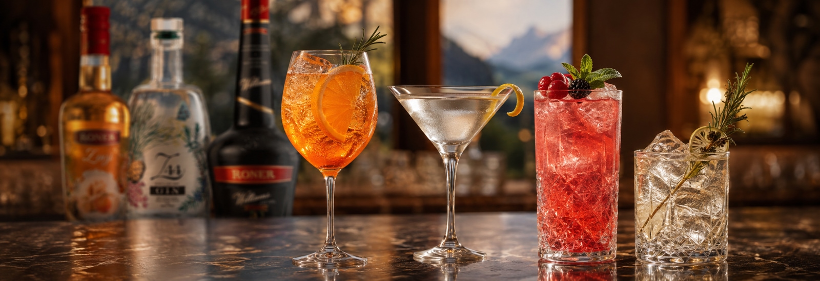 Vier bunte Roner Cocktails mit Gin, Rum und Grappa auf einer Bar mit S�dtiroler Bergpanorama