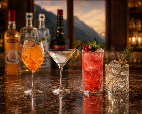 Vier bunte Roner Cocktails mit Gin, Rum und Grappa auf einer Bar mit S�dtiroler Bergpanorama