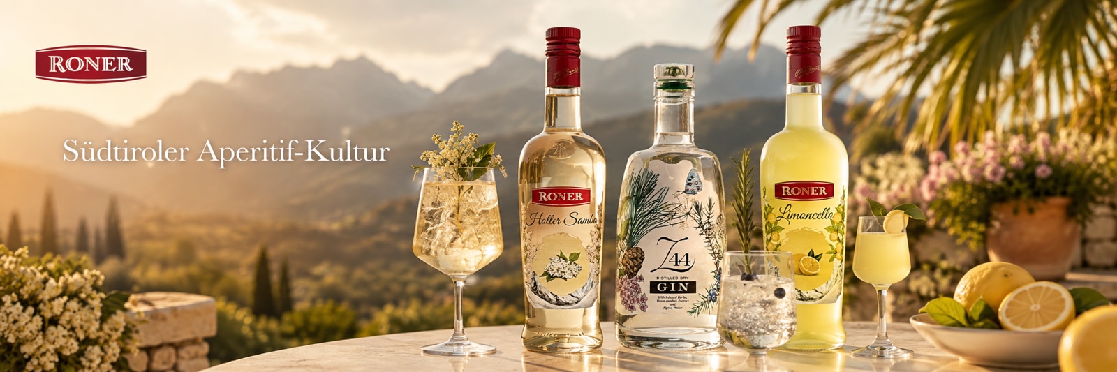 Hugo, Gin Tonic und Limoncello Spritz auf sonniger S�dtiroler Terrasse mit Bergen im Hintergrund