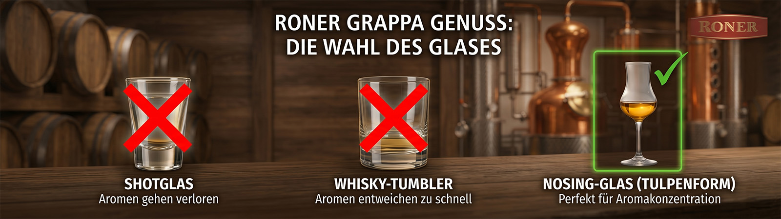 Shotglas und Tumbler neben einem Nosing-Glas � Vergleich falsches und richtiges Grappa-Glas