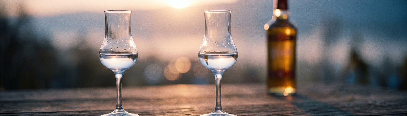 Tulpenglas mit klarem wei�en Grappa auf Holztisch, Roner Brennerei S�dtirol