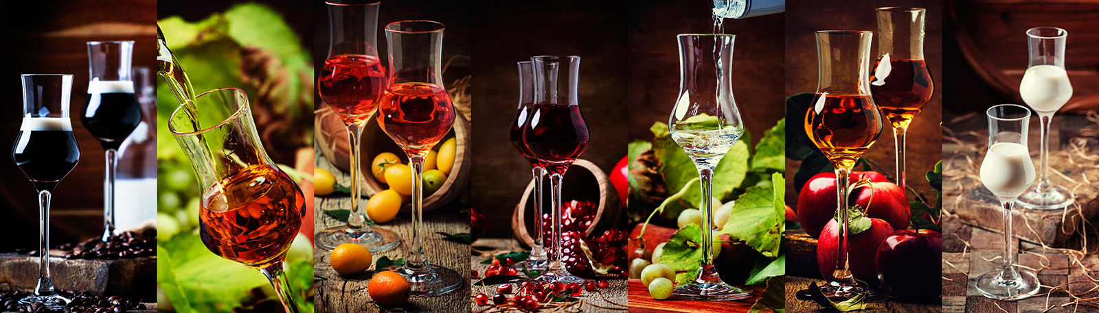Roner Gl�sr gef�llt mit verschiedenen Fruchtlik�ren und Obst am Glas
