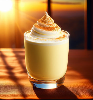 Geschmack Eierlikör Eierlikör im Glas auf Holz mit Sonnenuntergang